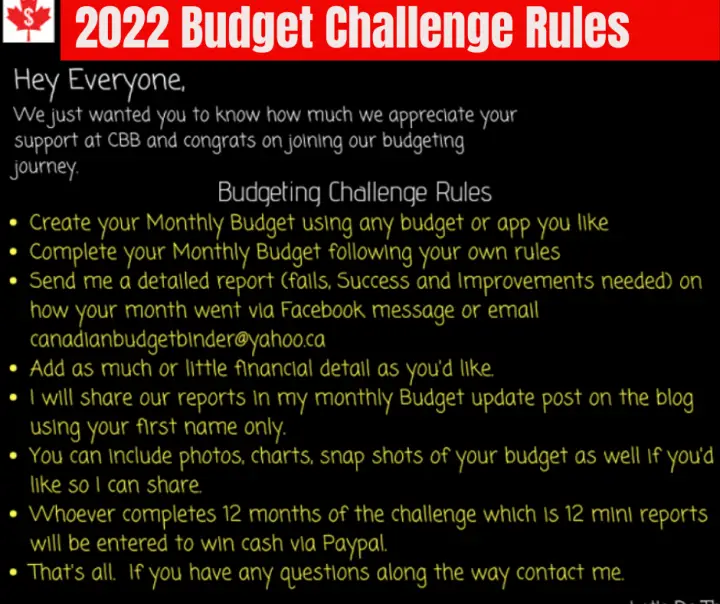 Rules For The 2022 Budget Challenge on Canadian Budget Binder